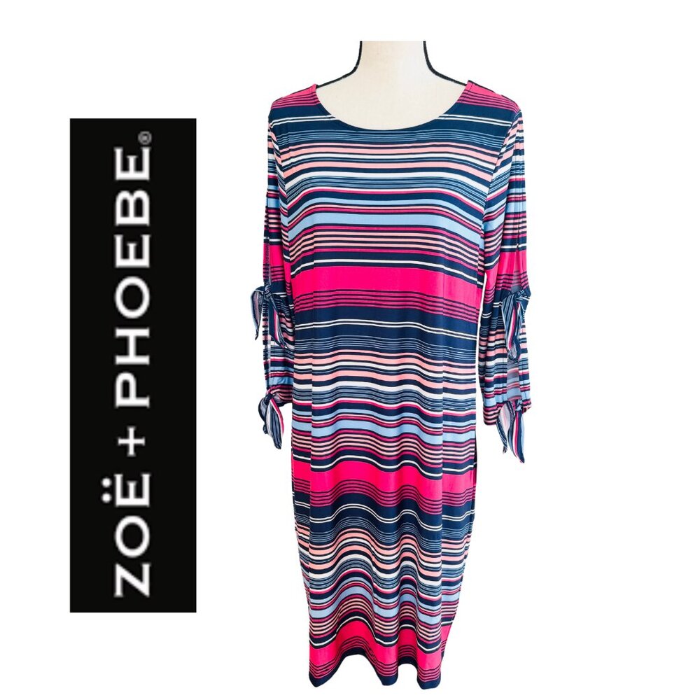 NWT Zoe + Phoebe Multi Color Striped Tie Sleeve Dress L Nautical Coastal Preppy - Picture 2 of 10